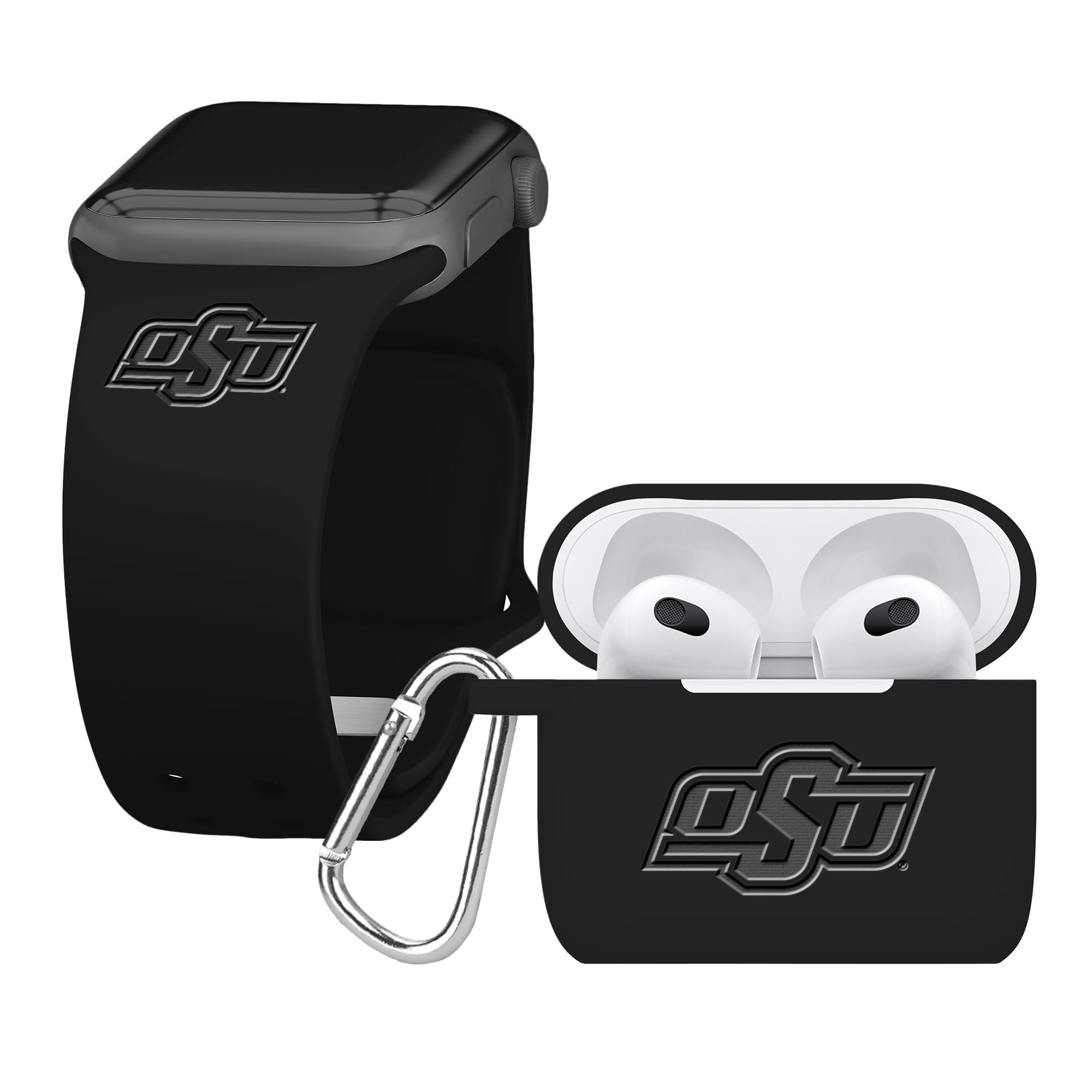 Affinity Bands Oklahoma State Cowboys Engraved Silicone Combo Package Compatible with Apple Watch and AirPods Gen 3 (42/44/45mm Black)