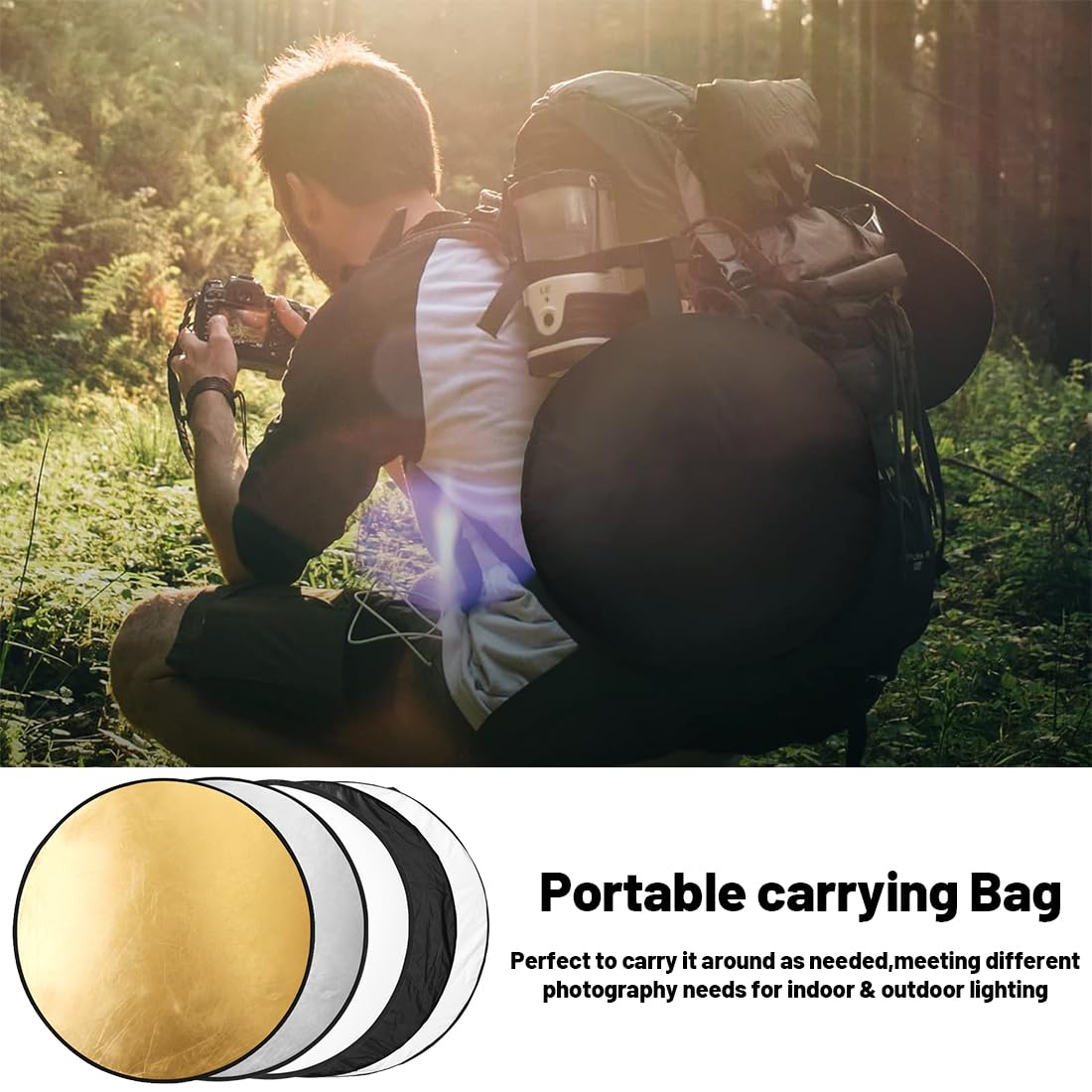 Pannello Riflettente, 5 in 1 Pannello Rotondo, Riflettore Fotografico da 24 pollici/60 cm, Pieghevole Riflettore di Luce, Accessori Fotografia, per Ritratti Selfie Fotografia di Matrimonio