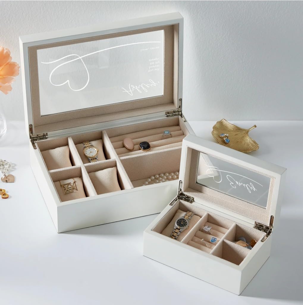 Personalization Universe Traced Heart Personalized Pearl Mini White Glass Top Jewelry Box