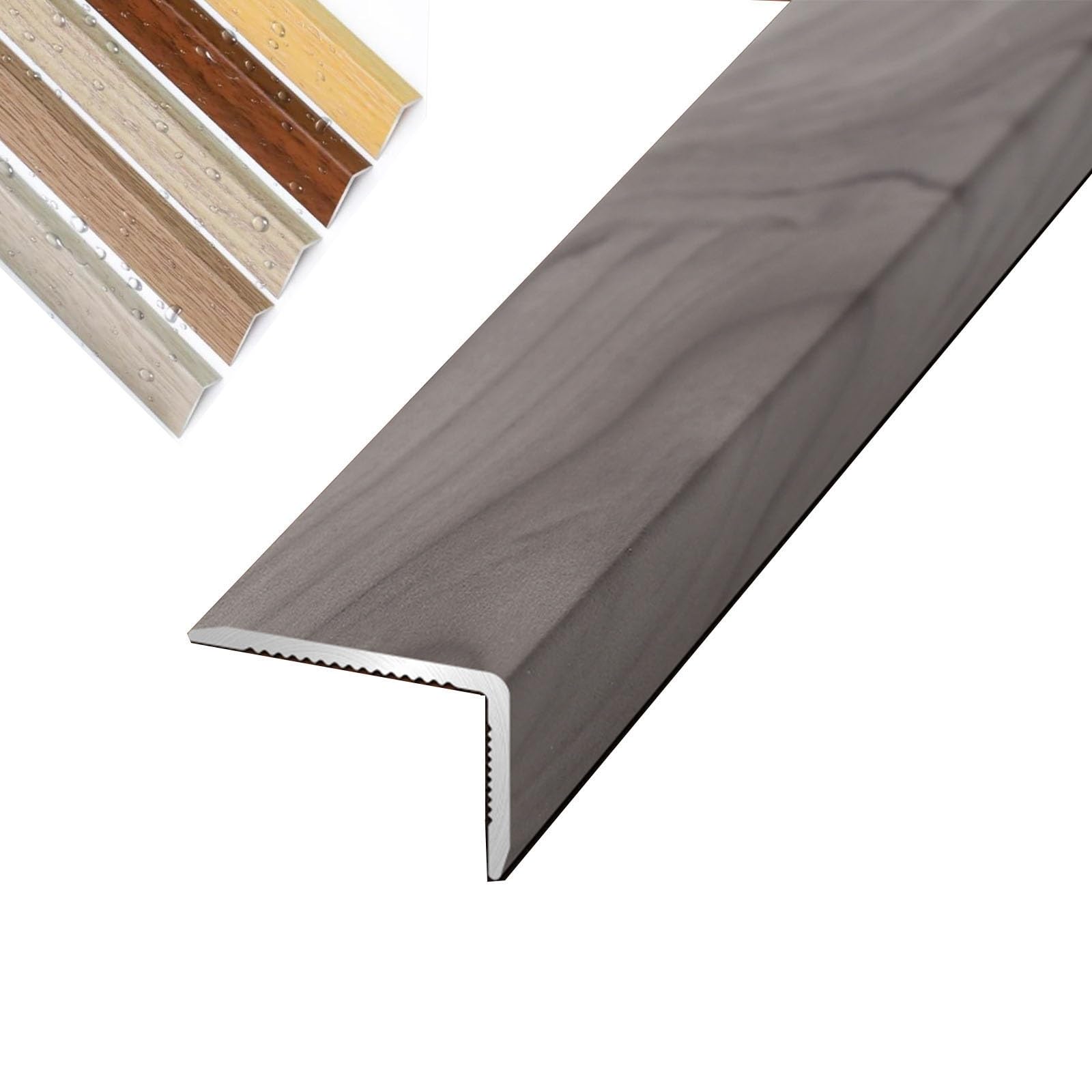 Floor Transition Strip Aluminum Stair Edge Nosing with Wood Grain，90cm L Shaped Doorway Trim, Grain Corner Wall Protector for Cabinet/Baseboard/Threshold(Large Grain Gray,W3CM)