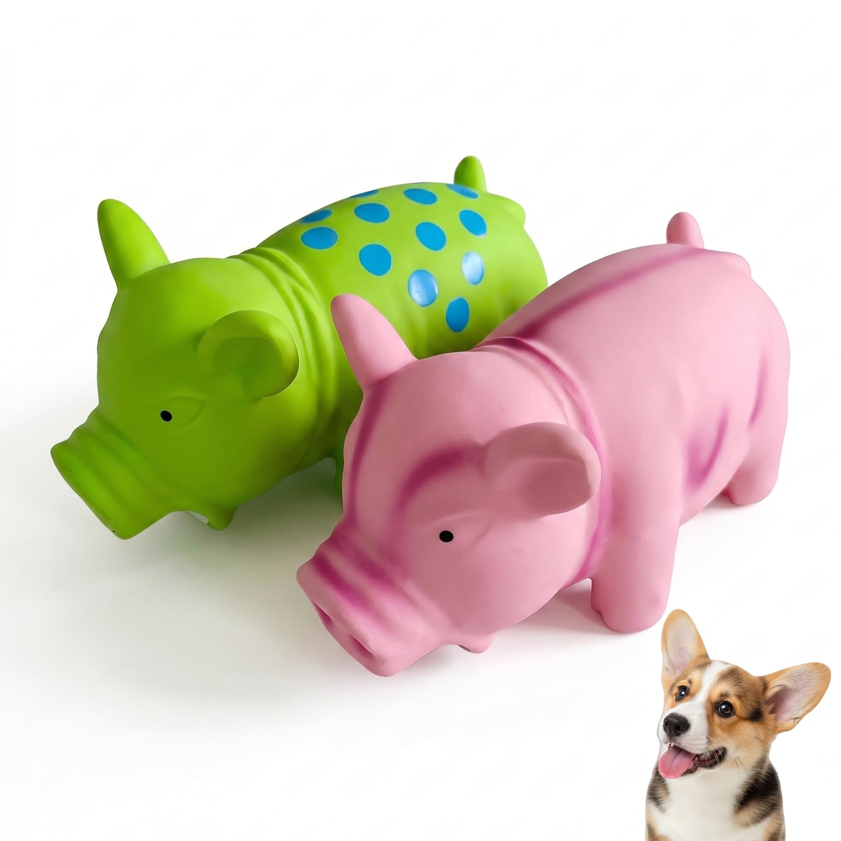 InekoAgua 2-Pack Squeaky Latex Pig Dog Toys - Hilarious Grunting & Oinking Natural Rubber Pigs for Fetch & Play Sets for Medium & Large Dogs (2-Pack Medium Classic Pigs (Pink & Spotted Green))