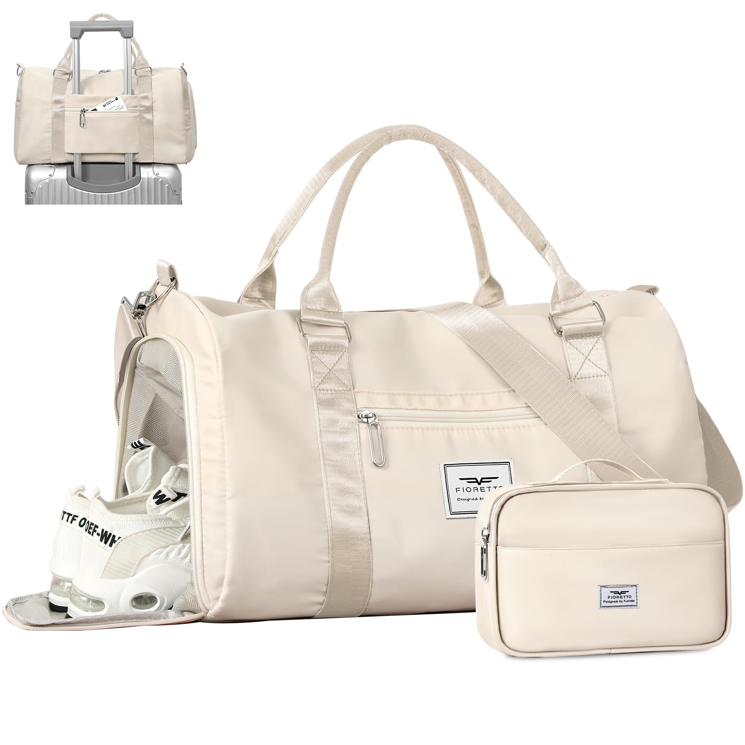 FIORETTO Womens Gym Tote Duffle Bag with Toiletry Bag, Sports Duffel Overnight Hospital Workout Carry on Bag for Girls with Wet Pocket &amp; Shoe Compartment, Ideal for Travel, Swimming, Dance Beige