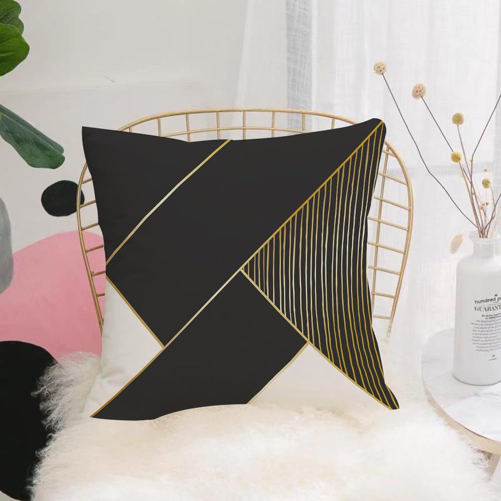 HYOSXW Cushion Cover,Throw Pillow Case Home Decorative for Living Room Bedroom Sofa Chair 16X16 Inch,Black Cream Geometric sition and Drawn Golden Abstract Lines,Pillowcase 40X40cm