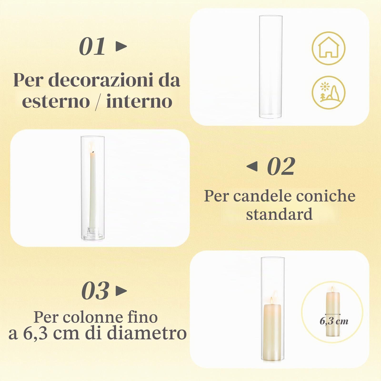 Cilindri di vetro per candele Hewory: set da 10 cilindri di vetro senza fondo per decorazione da tavolo per matrimoni, candelabri in vetro per decorazione da tavolo per matrimoni, Natale, candelieri