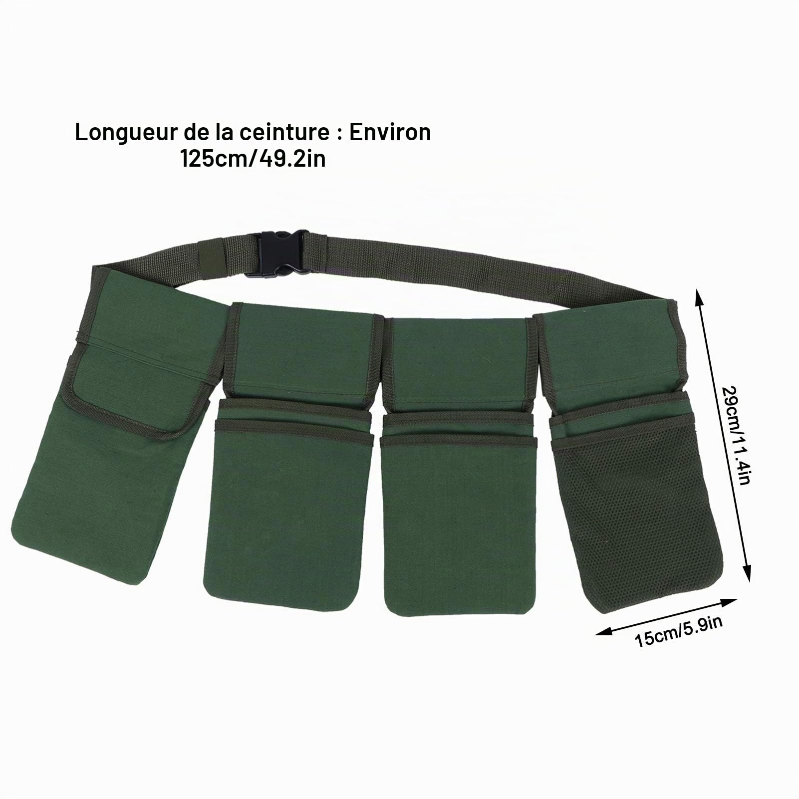 Ceinture à outils de jardin EBTOOLS, sac organisateur de jardin en toile résistante avec 4 poches amovibles et profondes, lavable, vert, 29 x 15 cm, 125 cm de long
