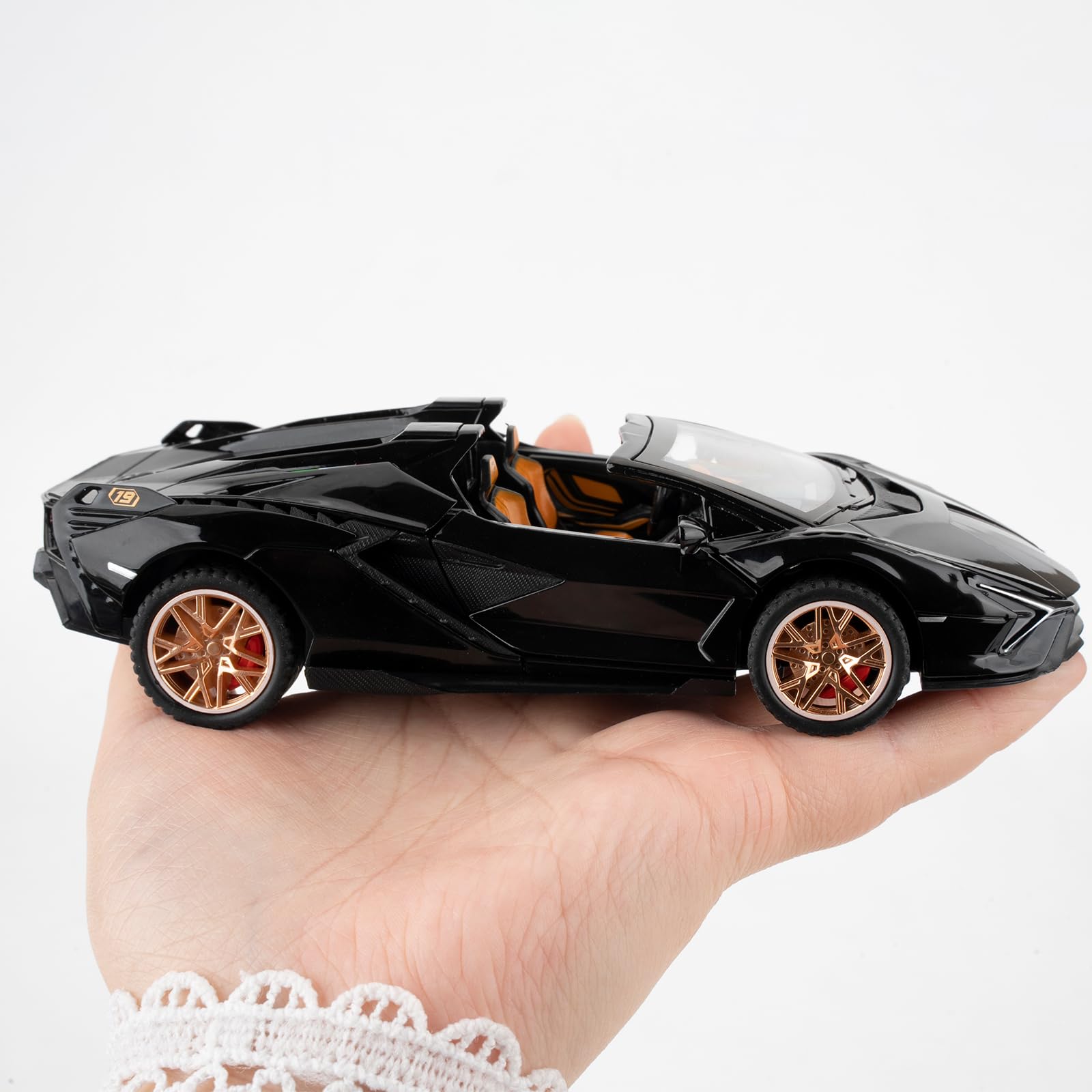TGRCM-CZ 1/32 Lamborghini Sian Roadster Alloy Car Model, Pullback Toy Car with Sound and Light Functions, Suitable for Collectible Car Models, Children's Gift (Black) 4
