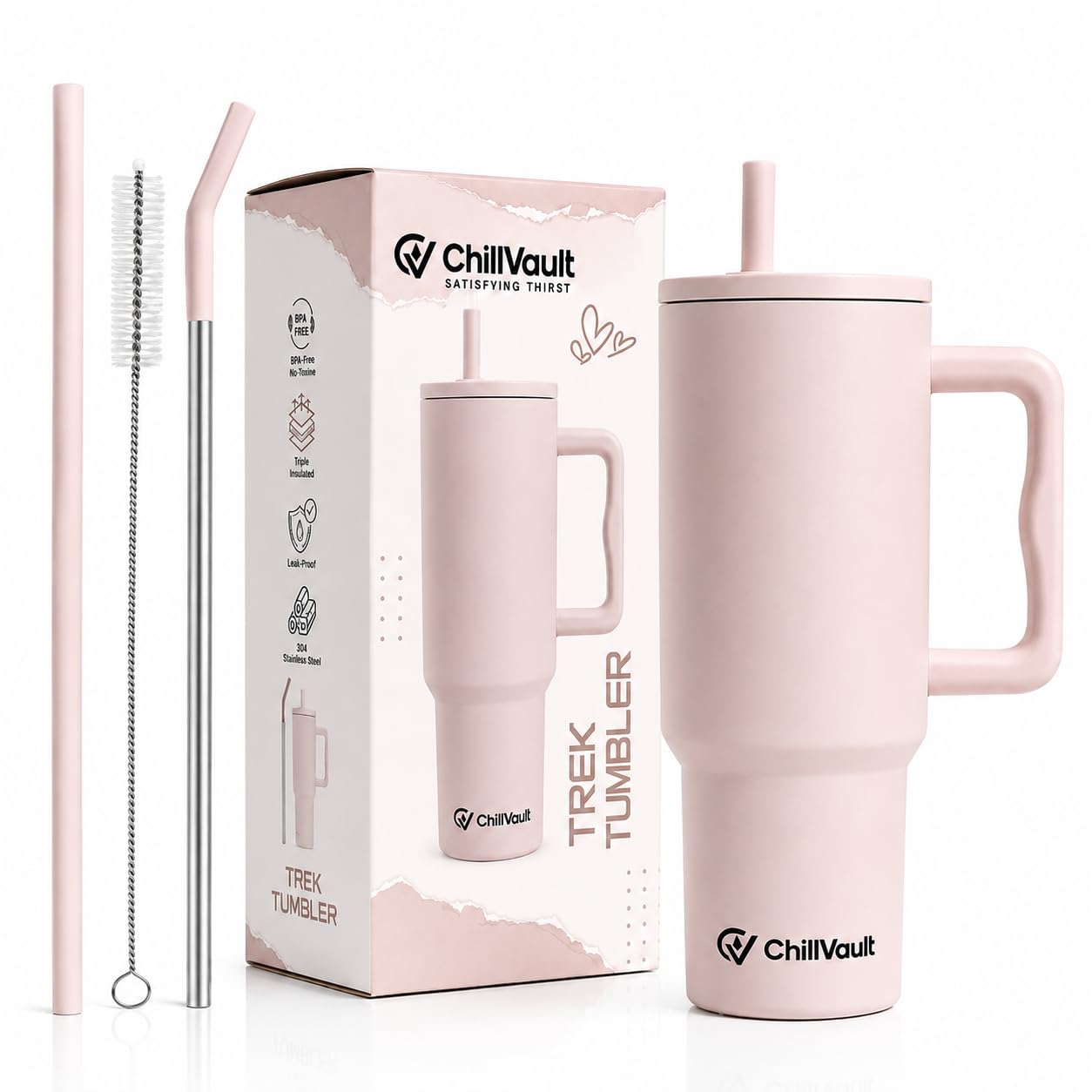 REFULGIX ChillVault 1200ml Stainless Steel Tumbler | Double-Wall Insulated Travel Mug with Handle, 2 Straws & Leak-Proof Lid | Keeps Drinks Hot & Cold | Creamstone