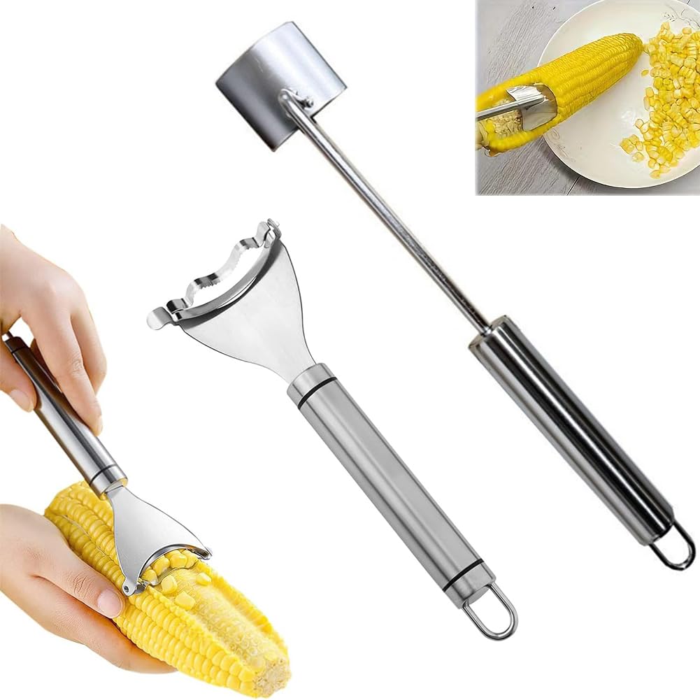 2PCS Magic Corn Cutter Peeler, Corn Stripper Cob Stripper Tool, Stainless Steel Corn Thresher Cutter from the Cob, Corn Peeler with Ergonomic Handle,Slicers for Home,BBQ,Restaurant Use