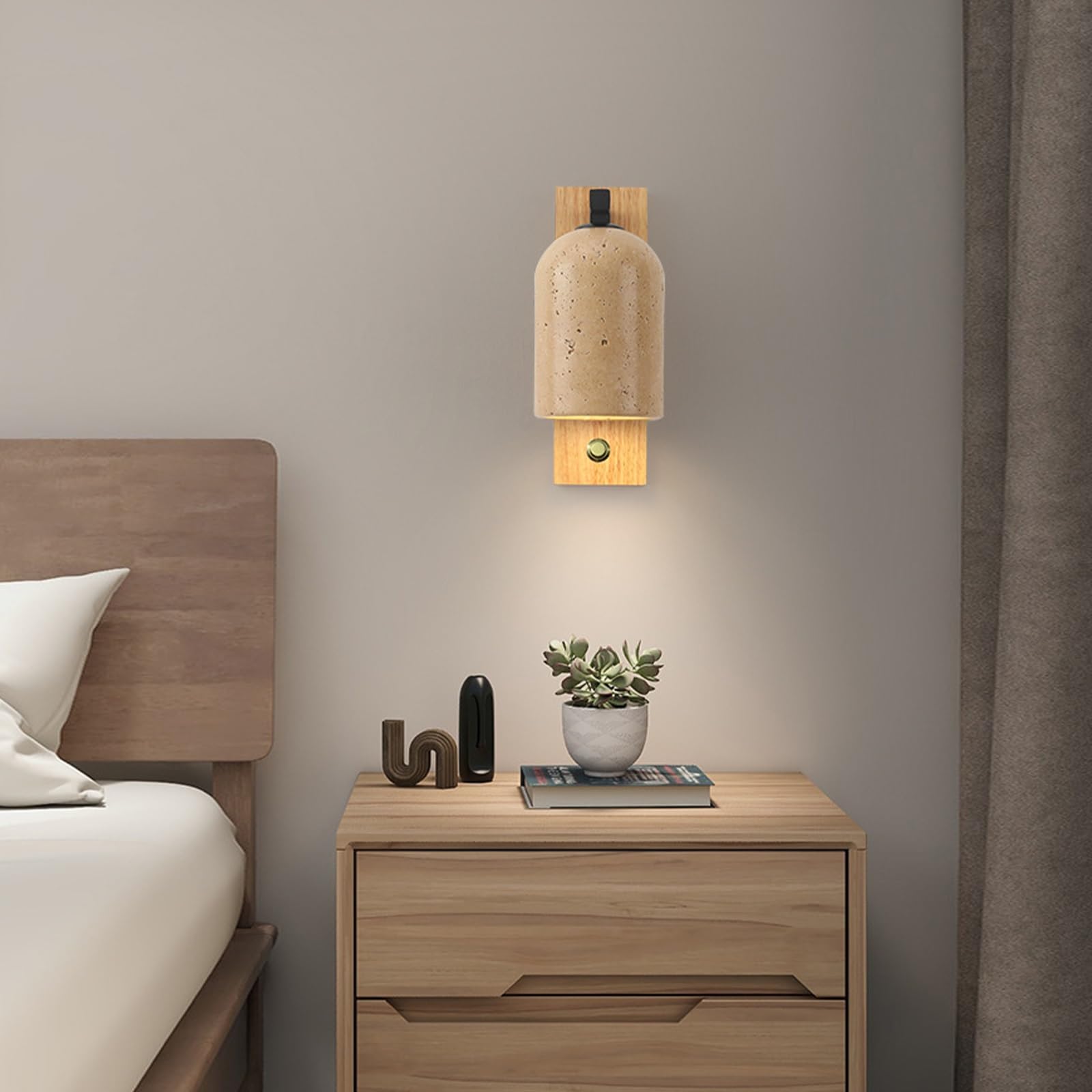 Żółty kinkiet z trawertynu, nowoczesna lampa ścienna w stylu rustykalnym, kinkiet z naturalnego kamienia z drewnianą podstawą i włącznikiem/wyłącznikiem(Wood color)