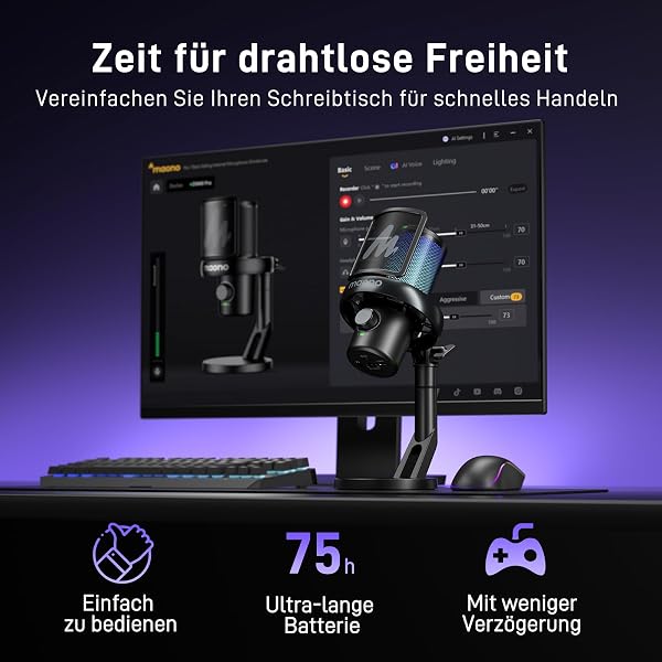 MAONO Mikrofon Kabellos für PC, Mikrofon PC mit Software-KI-Stimmänderung, 3-stufiger Rauschunterdrückung, Benutzerdefiniertem RGB-Licht, Stumm, für Gaming, Podcasting, Streaming, DM40 Pro Schwarz - 2