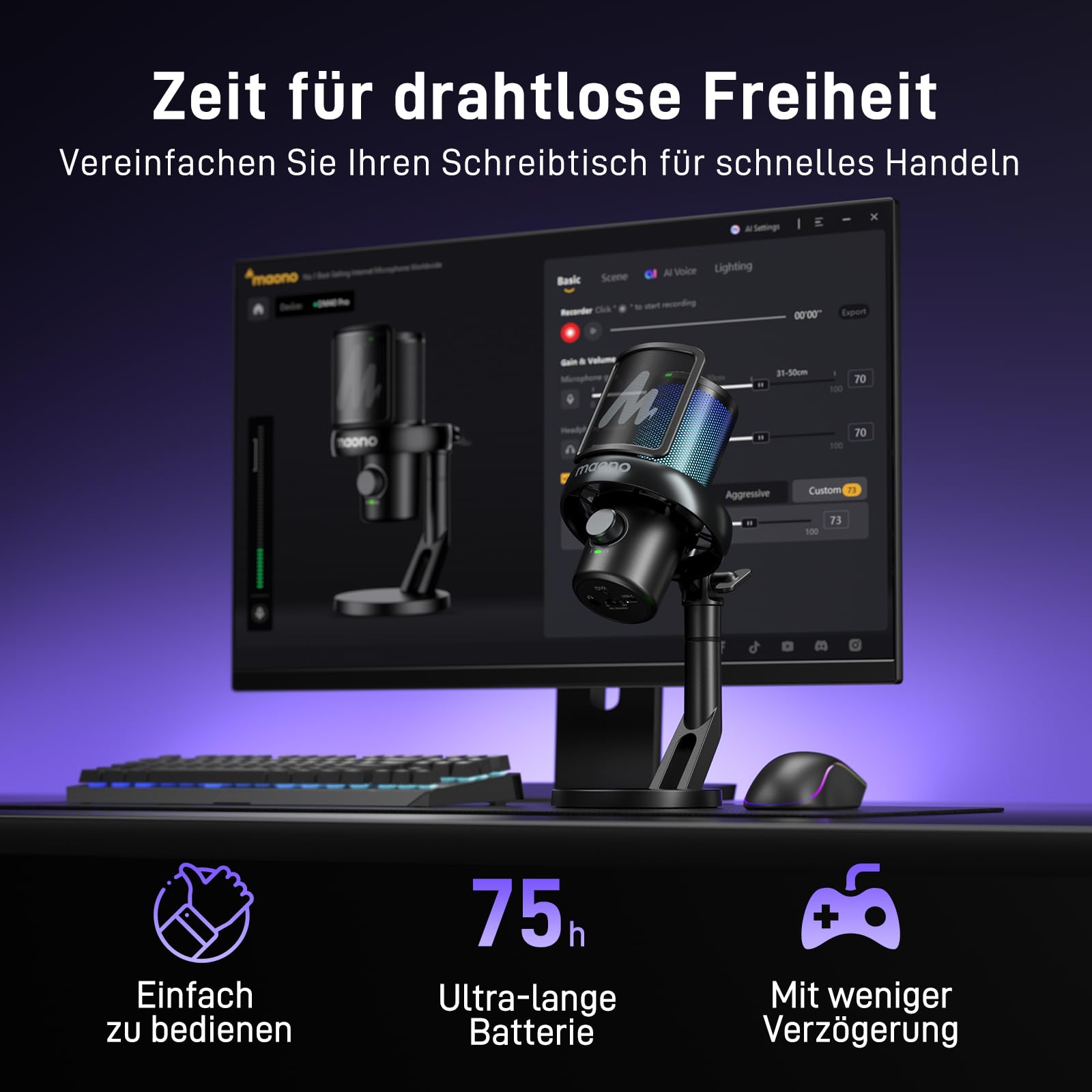 MAONO Mikrofon Kabellos für PC, Mikrofon PC mit Software-KI-Stimmänderung, 3-stufiger Rauschunterdrückung, Benutzerdefiniertem RGB-Licht, Stumm, für Gaming, Podcasting, Streaming, DM40 Pro Schwarz