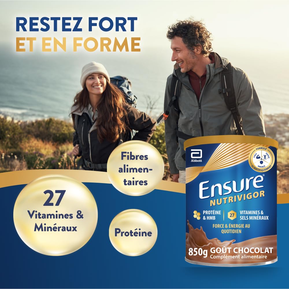 Ensure NutriVigor - Complément alimentaire avec protéines, 27 vitamines et minéraux et HMB - Pour une alimentation saine et équilibrée - Chocolat - 1 x 850 g