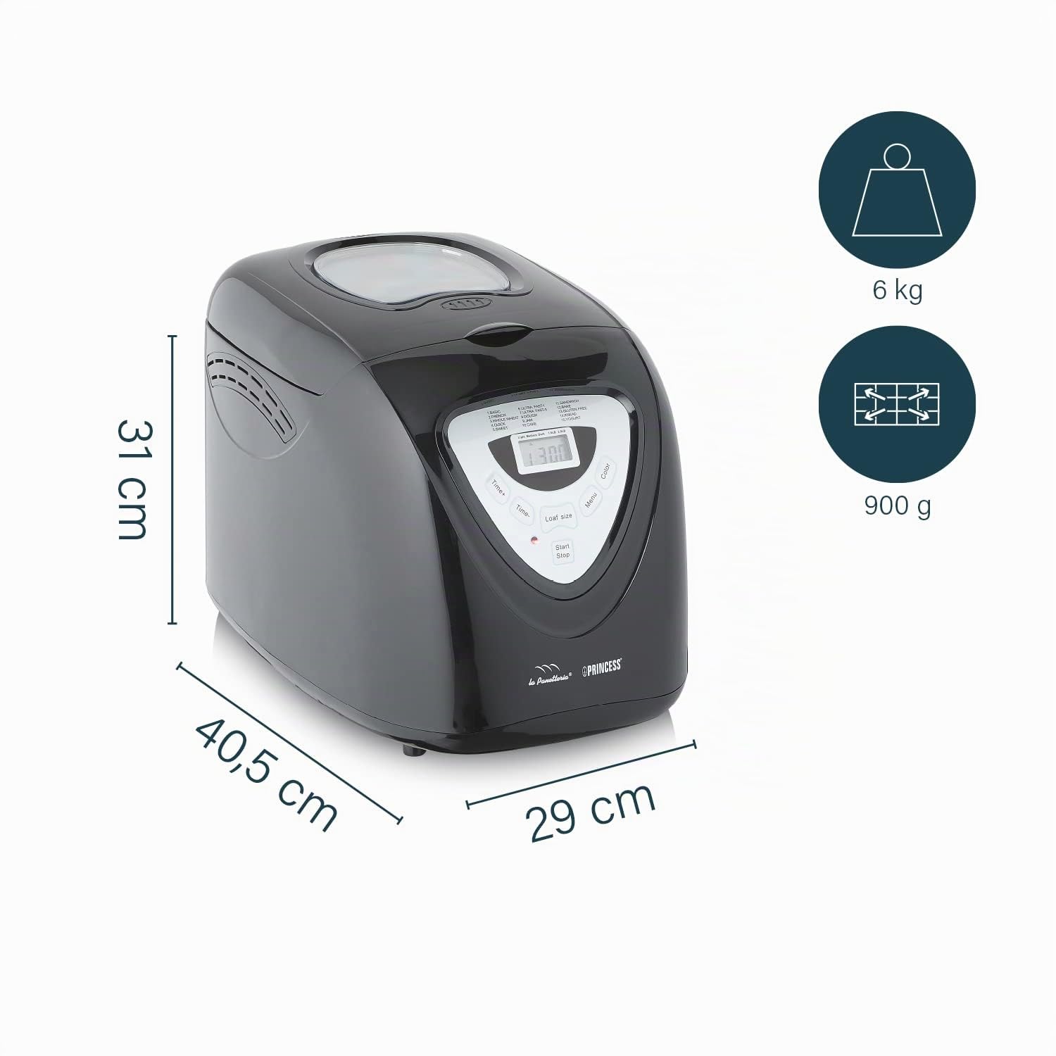Princess Brotbackautomat 600 W Cool Touch, Kapazität von 680-900g, Digital-Timer und Warmhaltefunktion, ideal für Spezialdiäten oder bei Allergien, Krustenfarbe hell, mittel und dunkel, Schwarz