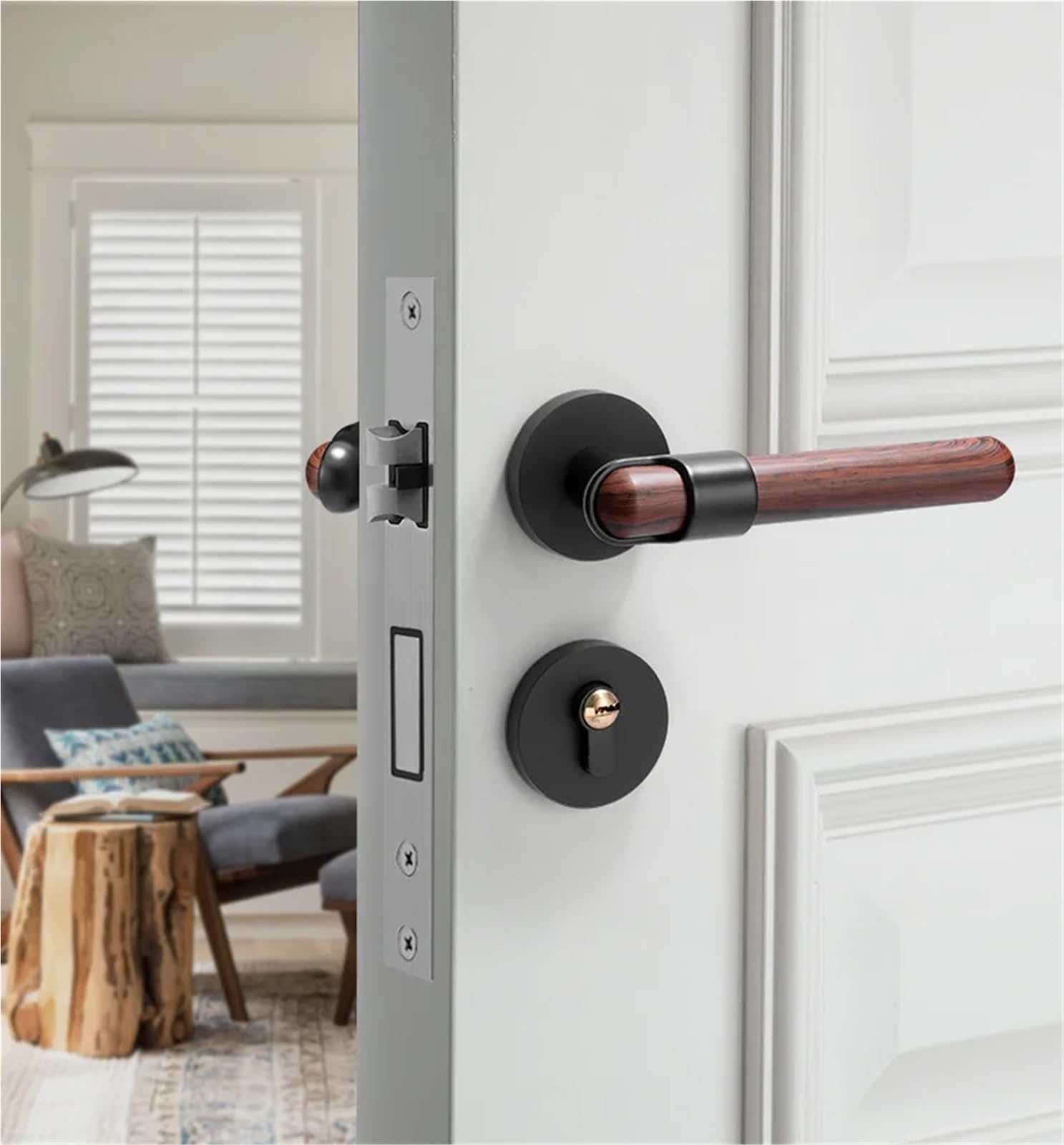 Serrure de porte en zinc avec poignée effet bois et clés