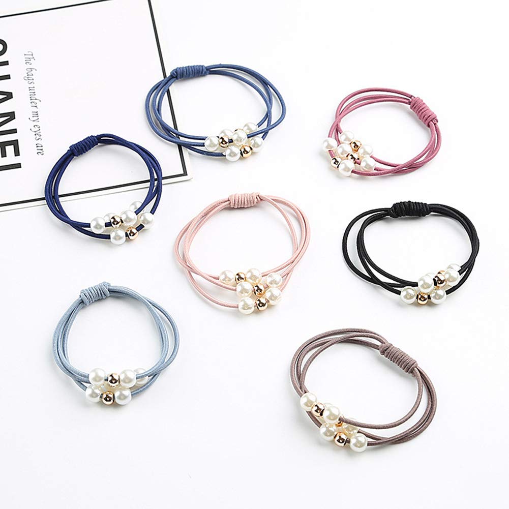 20 piezas de accesorios coreanos para el cabello para niñas, anillos para el cabello de varias capas con perlas, lazos elásticos y cintas para el cabello de cuerda 4