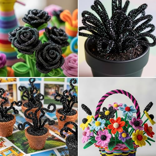 Image of Caydo 200 Pieces Glitter Black Pipe Cleaners | Thick Fluffy Chenille Stems for Arts & Crafts Making, Animals, Flowers, and Festival Decoration