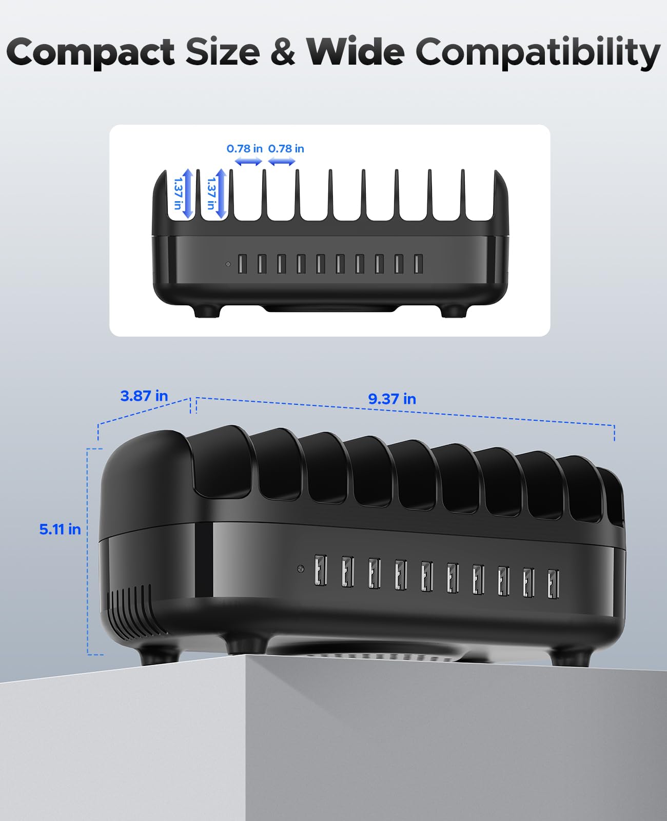 ORICO 120W Estación De Carga para Múltiples Dispositivos, 10 Puertos USB Estación De Carga con Ventilador De Refrigeración, Compatible con iPhone, iPads, Android y Tabletas, Negro