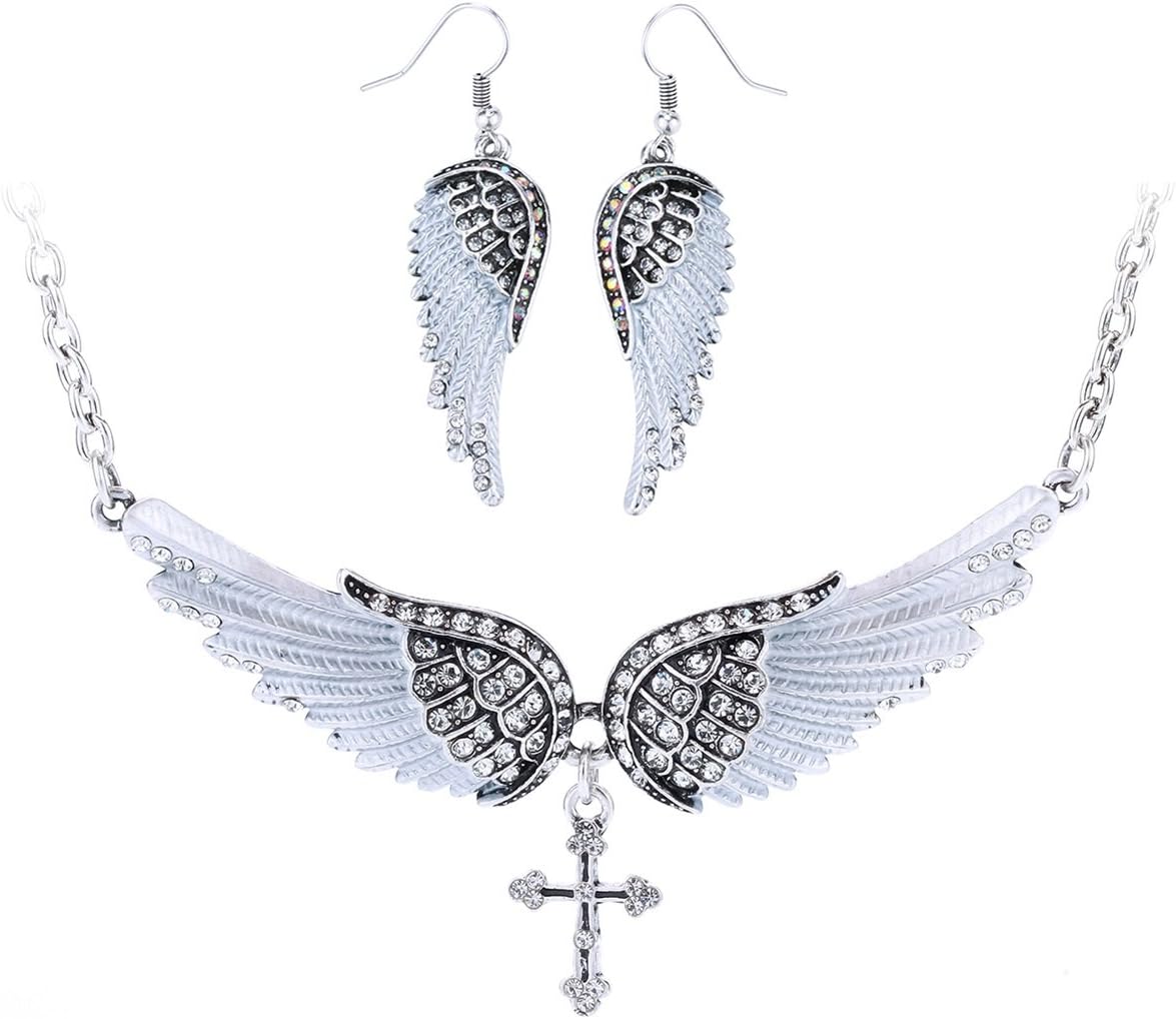 Szxc Jewelry Women's Crystal Guardian Angel Wings Cross Choker Pendant Necklaces 18"+2"