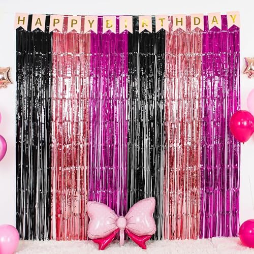 Image of Pink Black Birthday Party Supplies, 2 Pack 3.3x6.6 ft Hot Pink Black Foil Fringe Curtain, Cartoon Theme Photo Booth Prop Streamer Backdrop for Girls Birthday New Years Cartoon Party Decorations