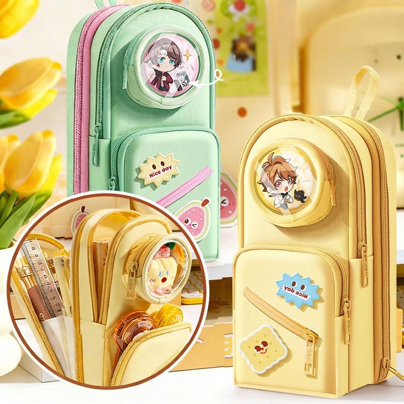 Image of WORSHIPER Cute Backpack Style Pencil Case with Visible Display Window, Multi-Layer Large Capacity Stationery Organizer for Kids & Students (SODA Crackers-Yellow POCH)