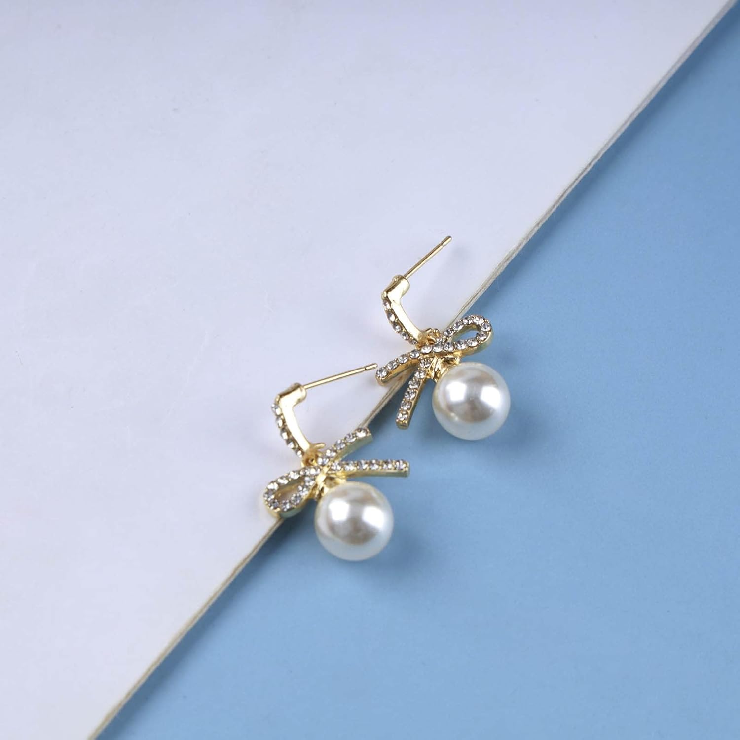 Boho Bow Pearl Drop Earrings Gold Crystal Bow Earrings Ribbon Bow Pearl Earrings Large Pearl Dangle Earrings Jewelry for Women - Image 3