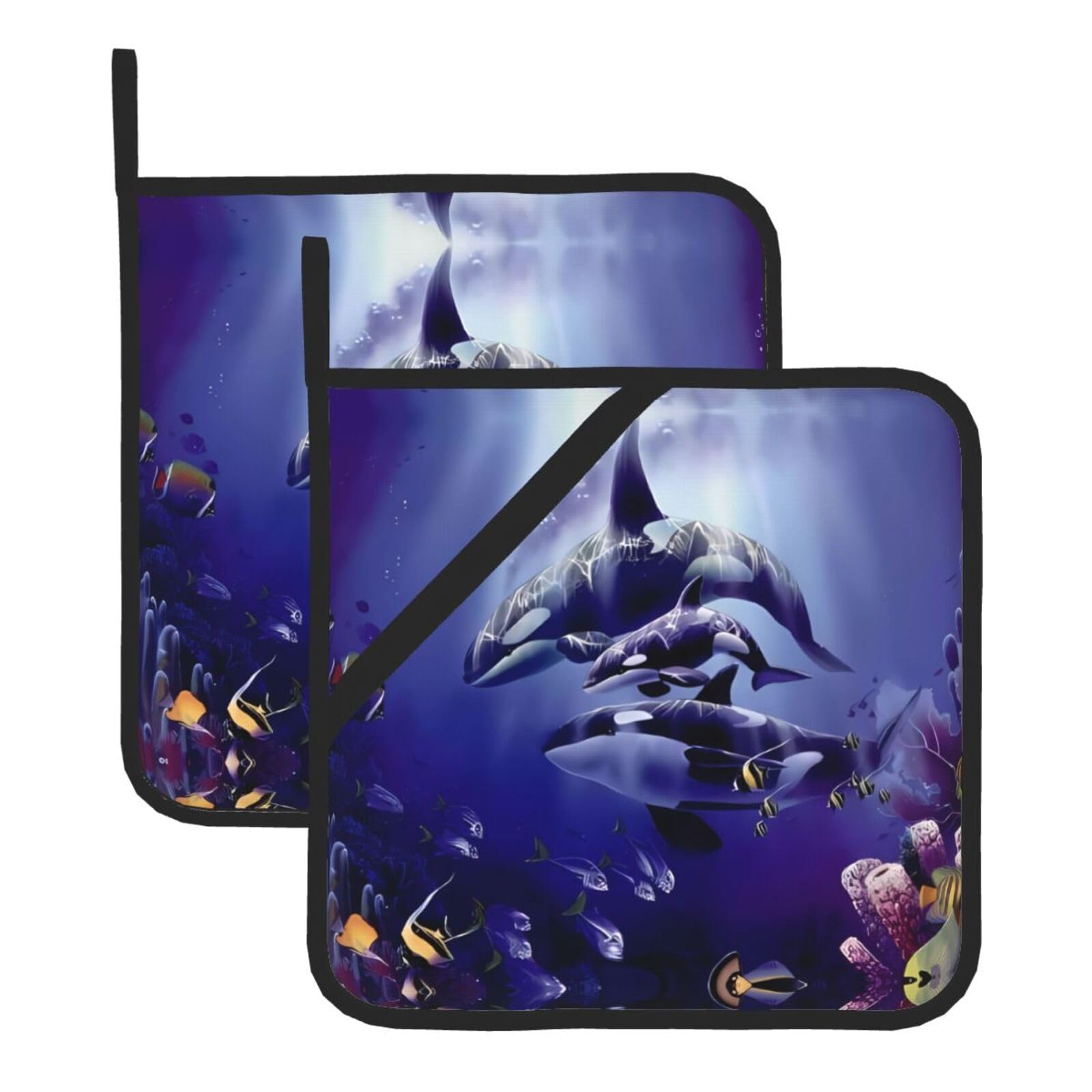 WHJSSF Sea Whale Prints Square Hot Pads for Kitchen Counter - Waterproof Trivets with Hanging Loop, Thick Pot Covers for Serving, Oven & BBQ - Set of 2 (1 with Pocket)
