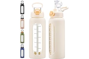 chunmo 32 OZ Glass Water Bottle with Motivational Time Marker, Handle Lid...