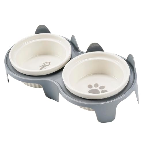 Juego de cuencos de cerámica para gatos con soporte, juego de 2 piezas