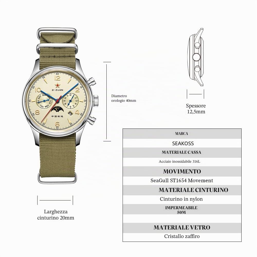 SEAKOSS Orologio da polso da uomo classico automatico meccanico Seagull ST1654 Movimento 24H-Ora Display Air Force Pilot Calendario Orologi da uomo