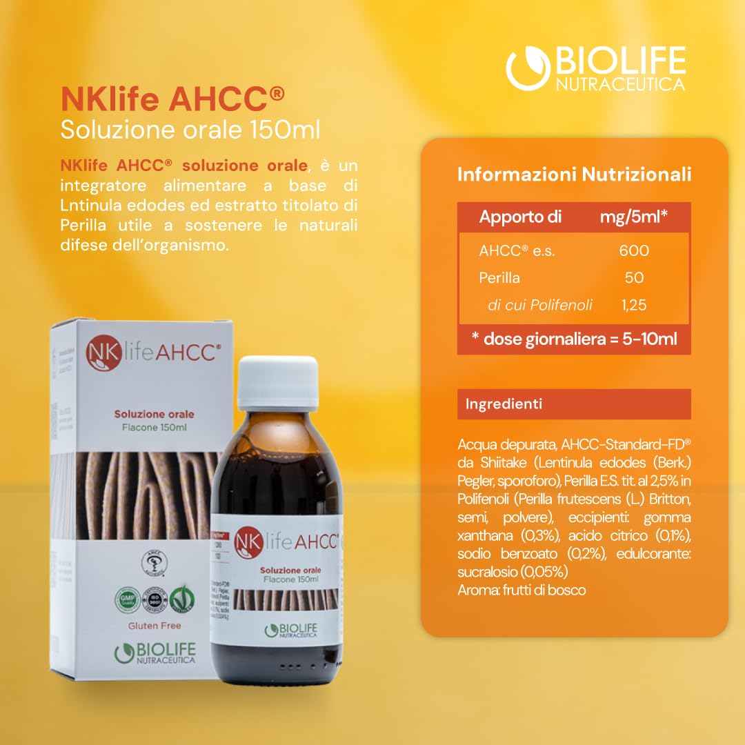 Biolife Nutraceutica Nklife AHCC Integratore difese immunitarie, Integratore per resistenza alle infezioni, Neutralizzazione del Papilloma Virus, Proprietà antiossidanti, Soluzione orale da 150 ml