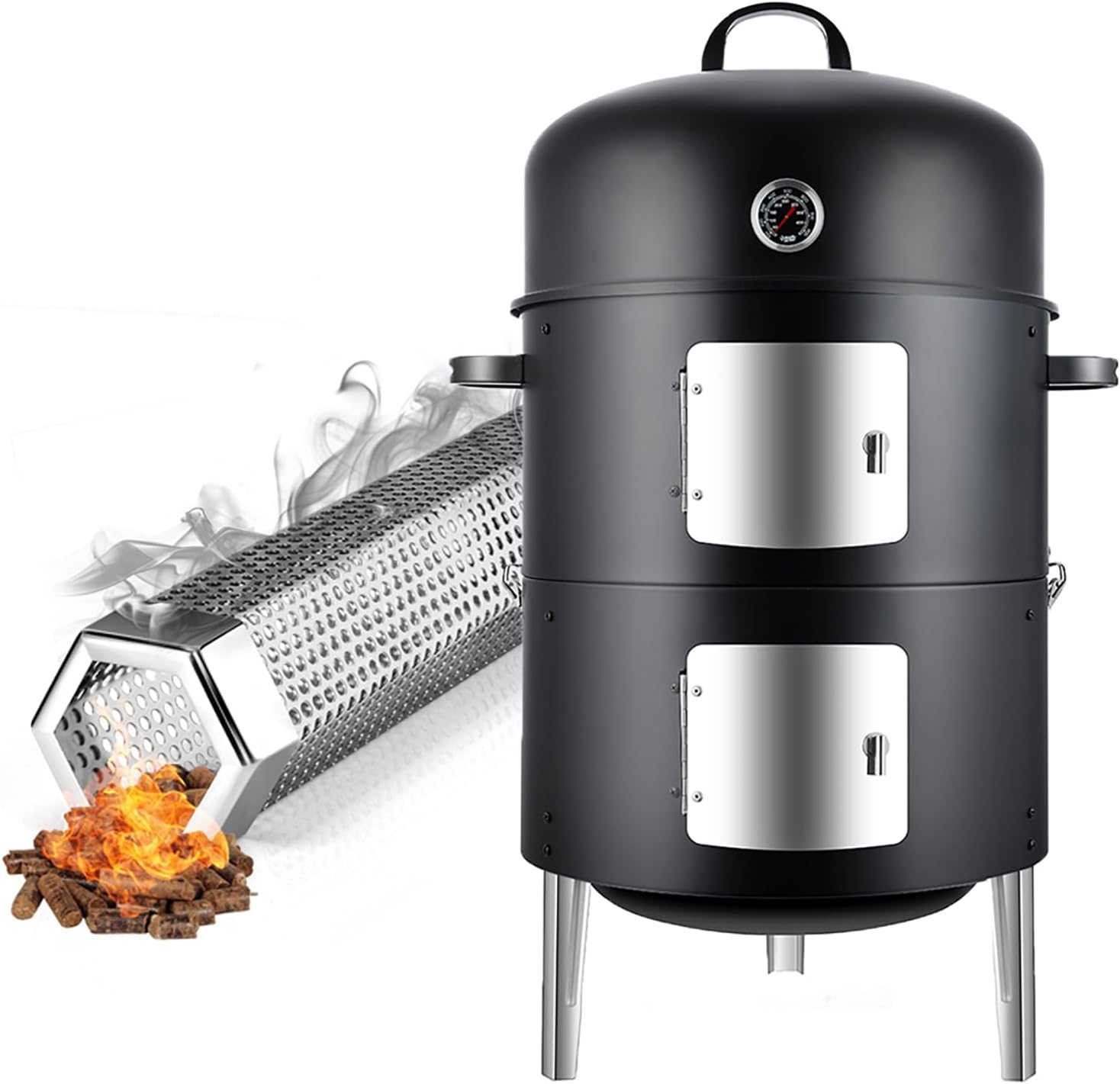 Realcook Charcoal Smoker BBQ Grill: Premium Vertical Meat Smokers with Smoke Tube - Barbecue Charcoal Grill Combo for Outdoor Cooking Patio Backyard Grilling Tailgating