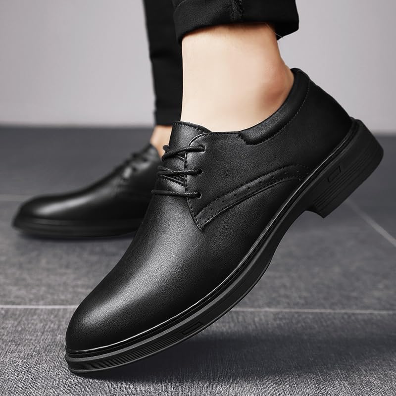 Dress Shoes for Men Lace Up Round Toe PU Leather Solid Color Derby Shoes Rubber Sole Non Slip Resistant Business(10.5)4