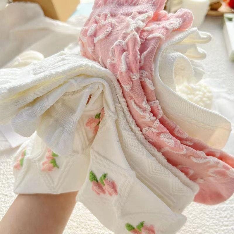 Image of 5 Pair Cute White Ruffle Ankle Socks - Women's Cottagecore Floral Crew Socks in Japanese Aesthetic Cotton