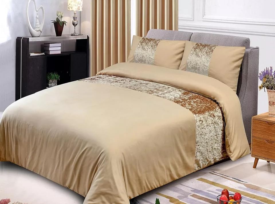 SAIMAZ Luxury Crushed Velvet Double Duvet Set – Black Bedding Set with Pillowcases | Elegant Double Duvet Cover with Velvet Panel Design (CHAMPAGNE-GOLD, Super King)