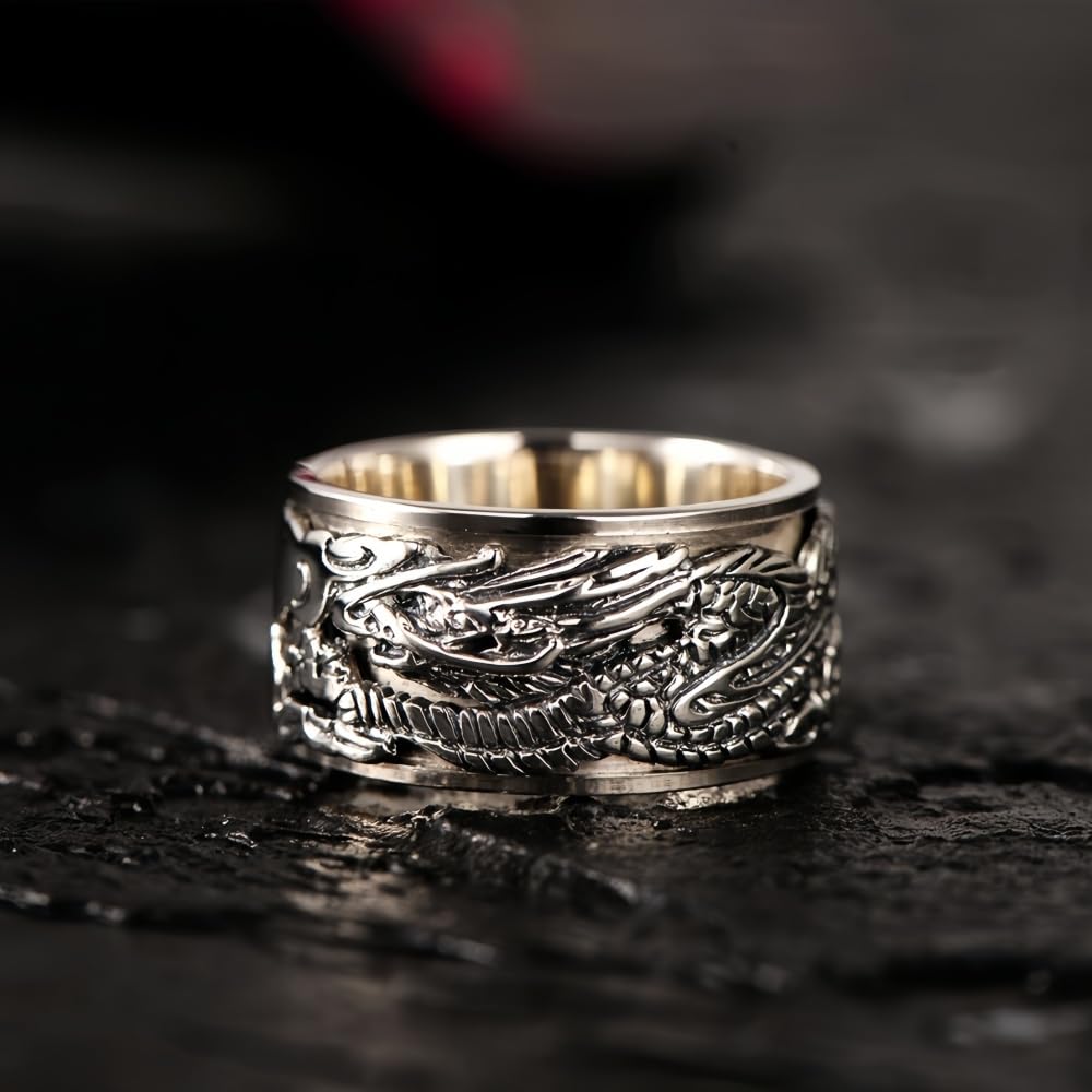 Vintage 925 Sterling Silber Chinesischer Drachen Ring Spinner Fidget Anxiety Ring Band Drachenring Schmuck für Herren Damen 12mm Größe 58-68