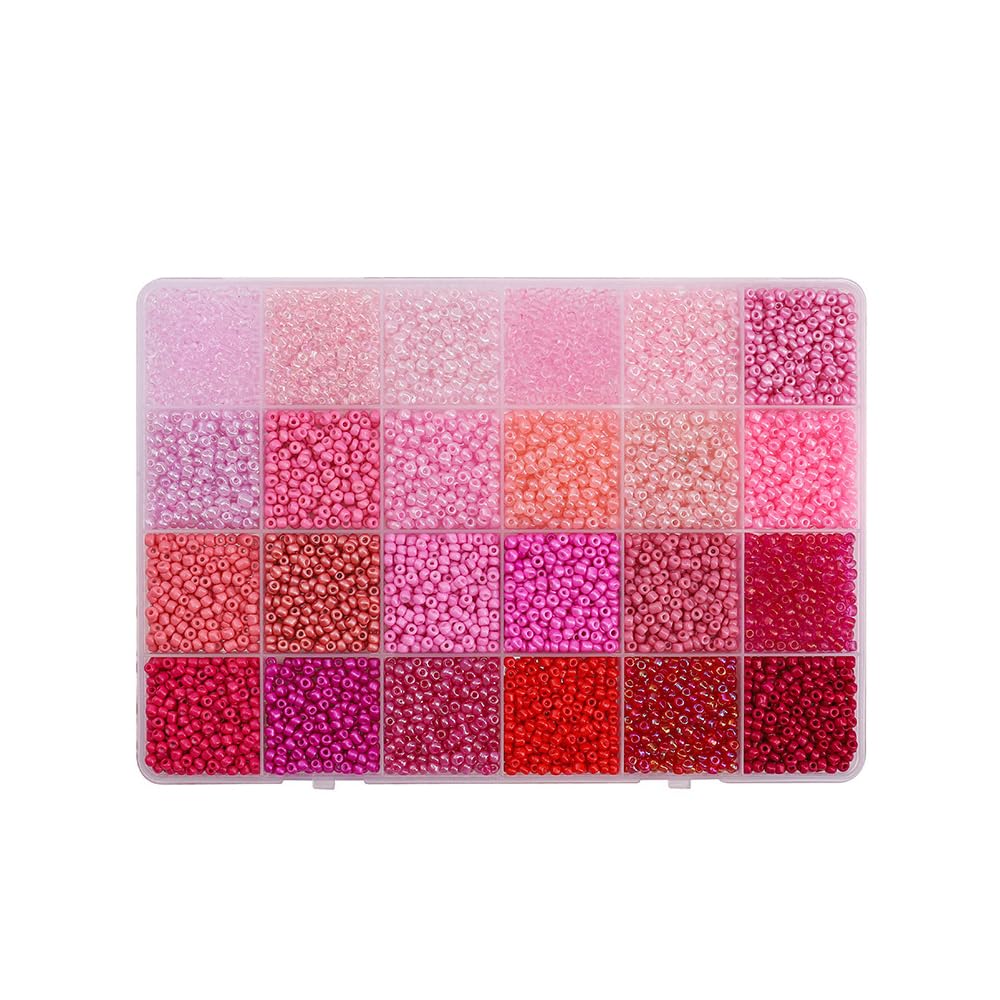 1 Box Mixed Colors Glass Seed Beads, 3mm Small Glass Seed Beads in 24-Grid Box for Bracelets, Crafting, Keychain, Red Tone