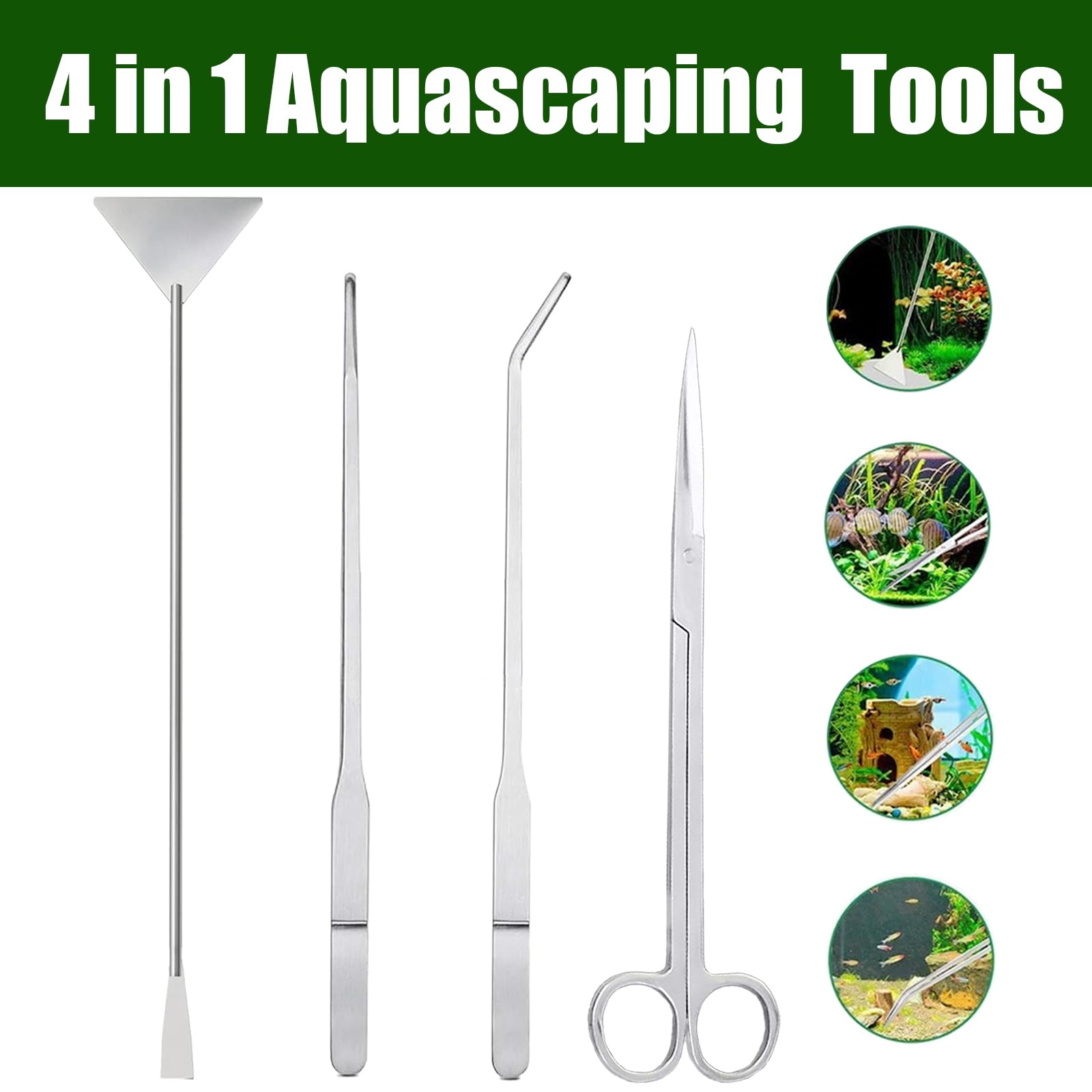 4 in 1 Kit Attrezzi Acquario,Attrezzi per Acquario in Acciaio Inox, Piante Acquarios Attrezzi Set con Pinzette Forbici Spatola per l'acquario Landscaping e l'Acquarios Pulizia
