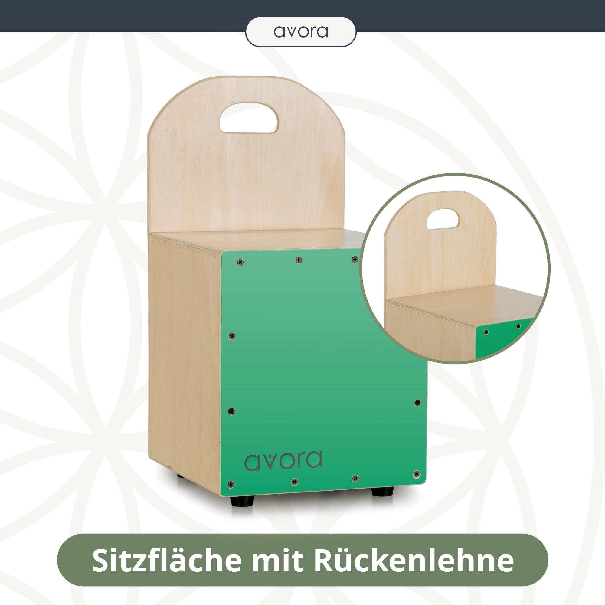 Avora Mini-Cajon-Stuhl "Schepperkiste"- Percussion Trommelkiste mit Rückenlehne - Sitztrommel mit Tragegriff - Snare-Effekt - Ideal als Hocker und Musikinstrument - Instrument aus Holz - Grün