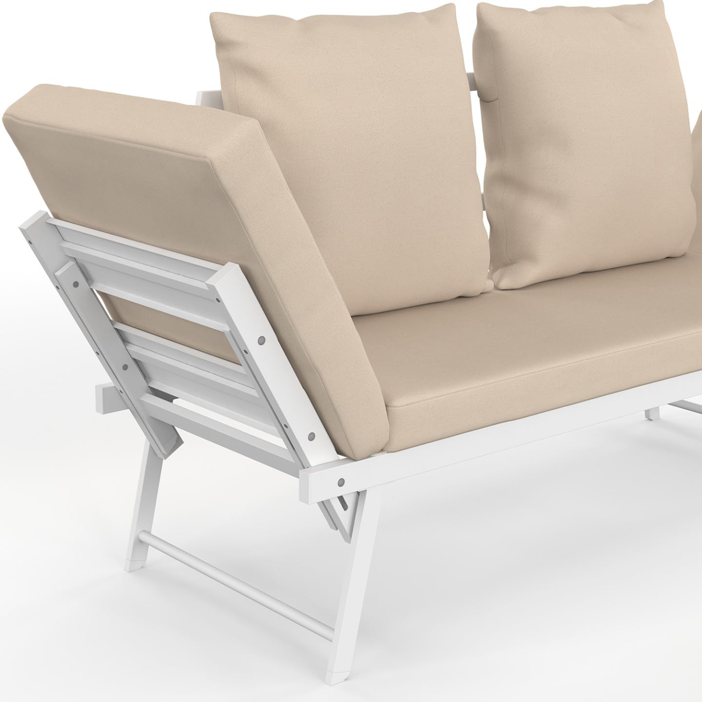 IDMarket - Canapé de Jardin, Banquette Convertible NOLA 2/3 Places avec accoudoirs inclinables métal Blanc et Coussins Beige