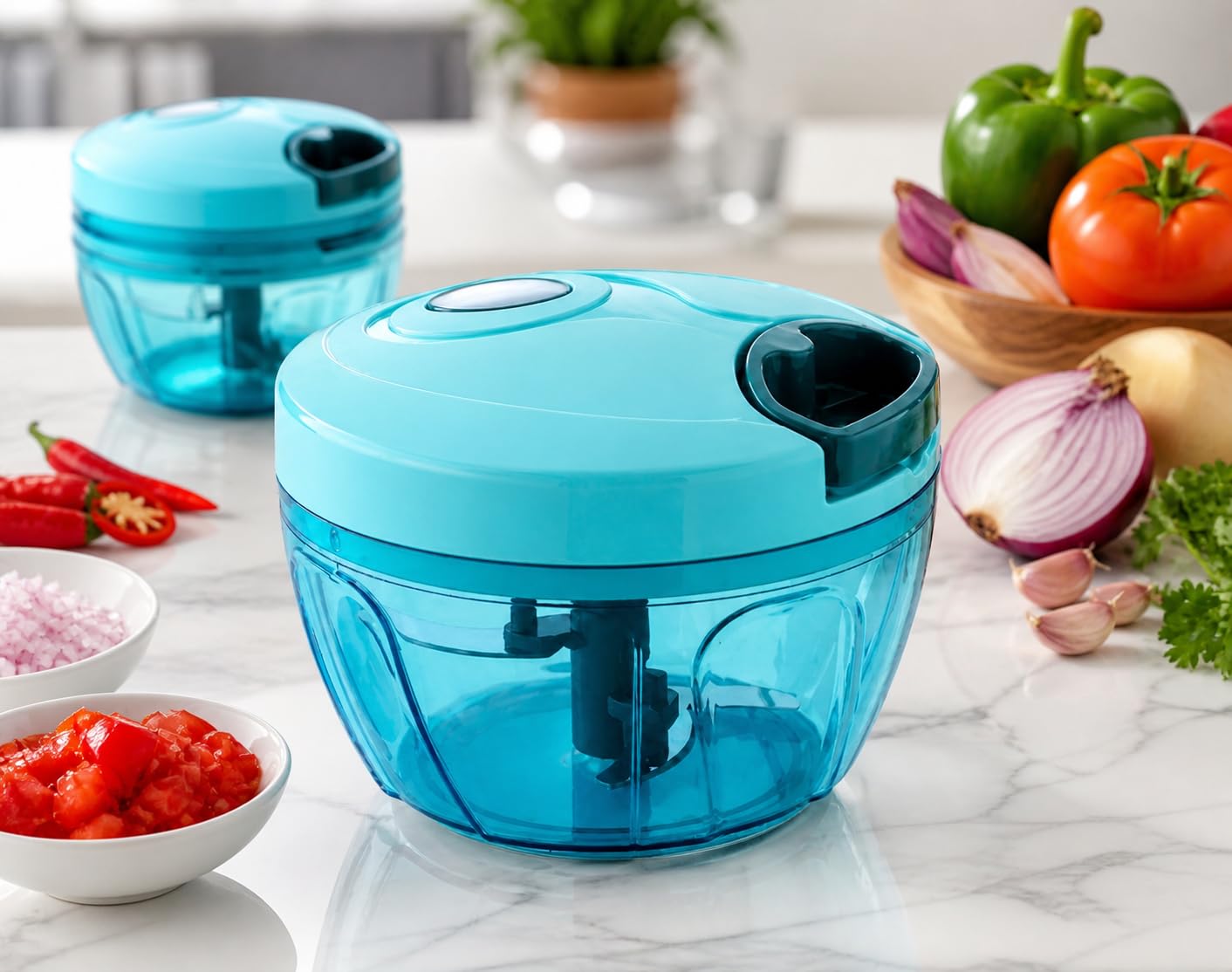 Manual Vegetable Chopper with 3 Stainless Steel Blades, Pull String Hand Chopper for Onion, Garlic and Herbs, Teal-image-47