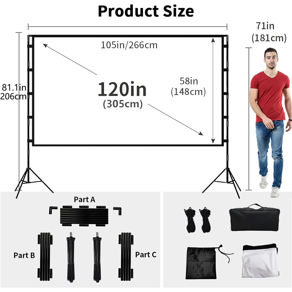 Pantallas de proyección videoproyector Pantalla de proyector con Soporte, Blanco Suave, Menos Arrugas, con Bolsa de Transporte, Pantalla de trípode Doble Plegable para Exteriores(120 Inch)