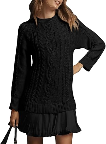 Shiketong Womens Cable Knit Sweater Dress Pleated Hem Mini S