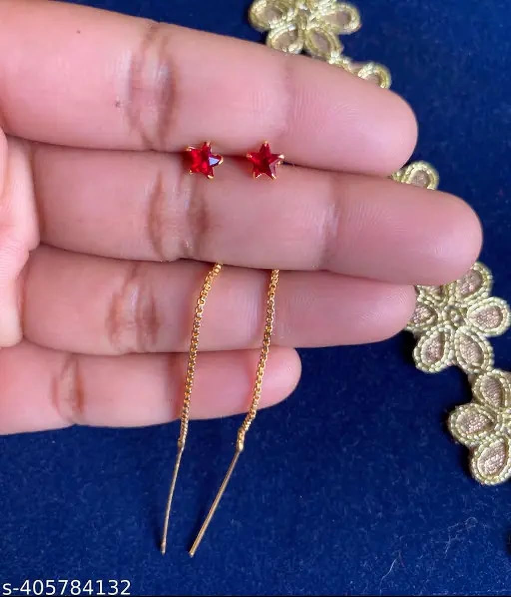 Fashion Hanging Star Red Nug Sui Dhaga Earring For Women And Girls Brass, Alloy, Metal Drops & Danglers Gold 204