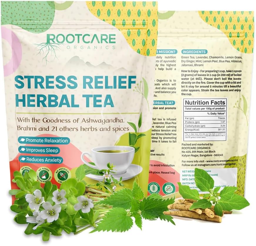 Rootcare Organics Stress Relief Herbal Tea loose leaves | Ashwagandha, Brahmi & 21 Ayurvedic Herbs leaf | Natural Relaxation & Sleep Support | Reduces Anxiety | 100% Organic | Pack Of 1 Month | 100g