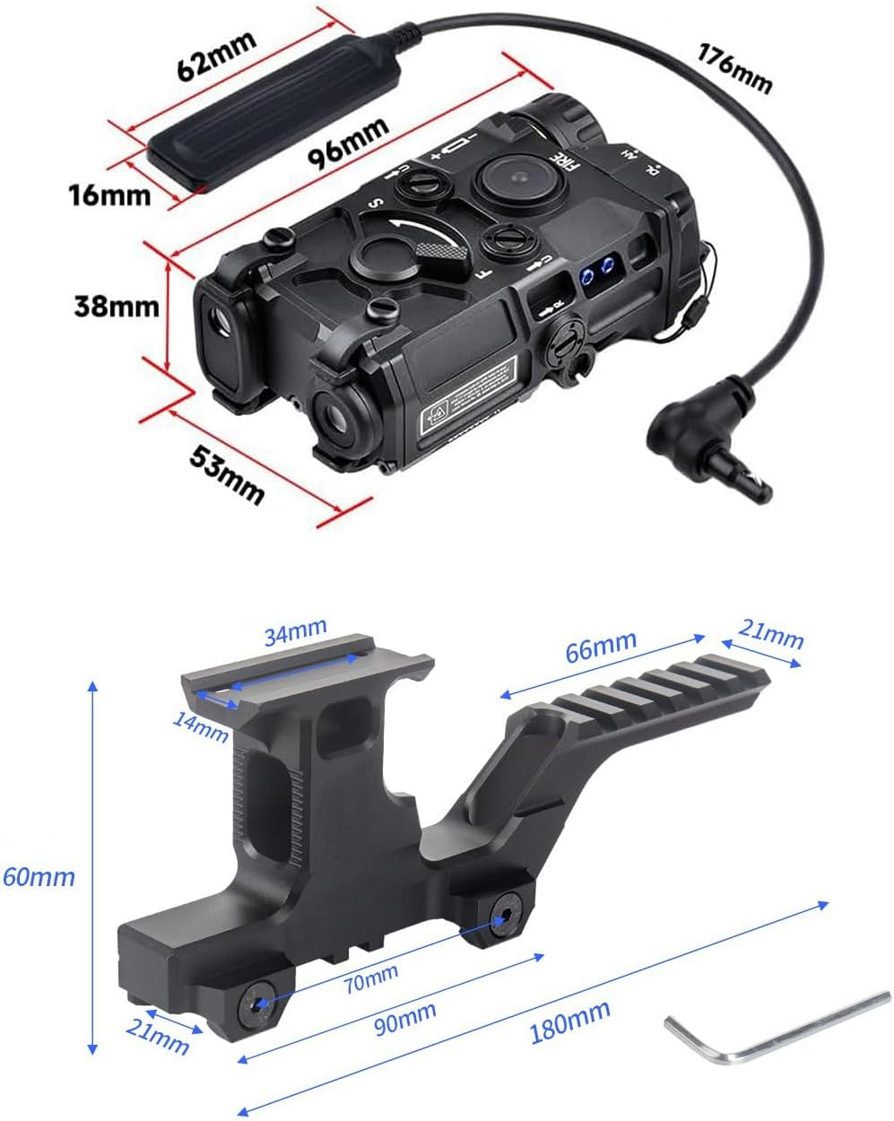 OLG Metal Green Laser Box Sights with IR Laser + Whitelight LED 240 Lumens Flashlight，with Pressure Switch & Tactical Group Type HY Red Dot Riser Mount Combo，for T1 T2 Optic Scope Sight，for 20mm Rail