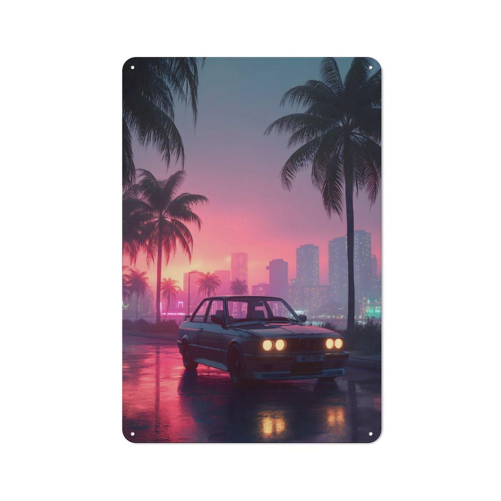 Junmoney Retro Car On Neon Lit Street Kitchen Metal Sign With Design 30X20cm, Classic Diner Style Decor For Coffee Bar, Kitchen, Bistro Or Tea Corner