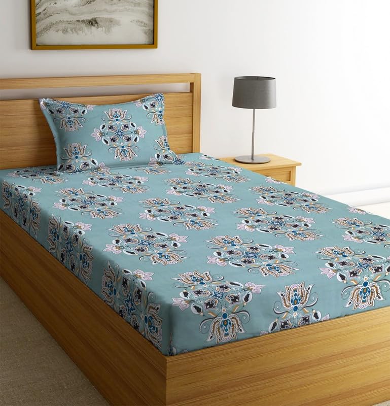 Image of YMORIA Premium Glace Cotton 180 TC Flat Single Bedsheets for Summer Breathable | Wrinklefree (Size-60 X 90 Inch) with 1 Pillow Covers (Size-17 X 27 Inches, Pastle Blue)