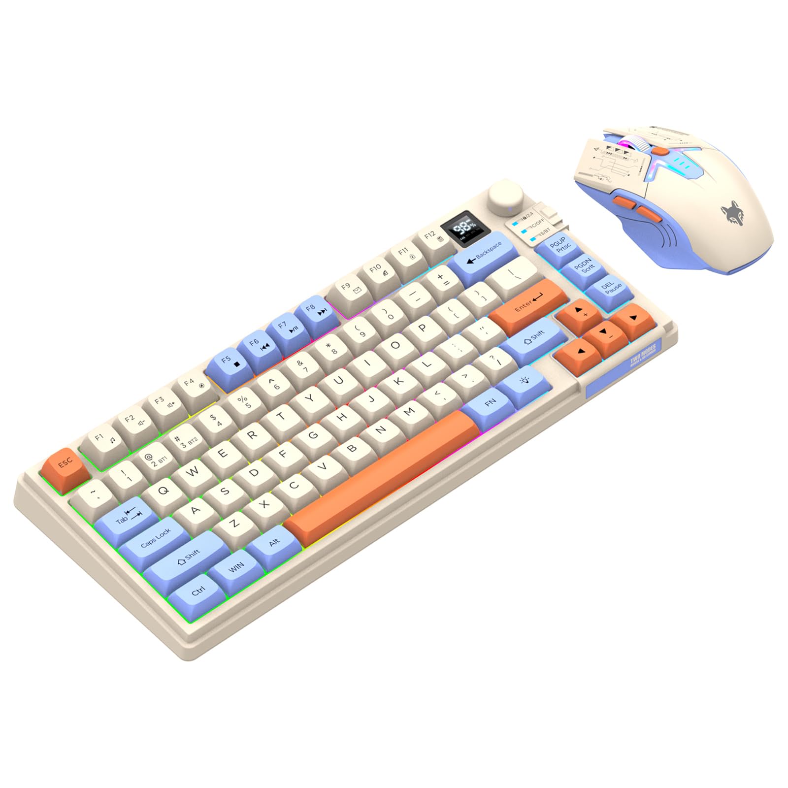 2.4G Tastiera e Mouse Wireless Combo con Dual Mode 80 Tasti Display Volume Manopola Colore Luce Mouse Ricaricabile Dpi Regolabile per Gaming PC Computer