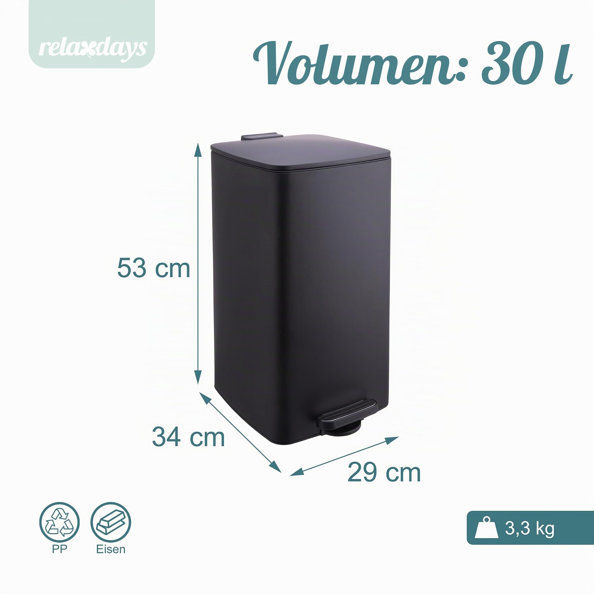 Relaxdays Mülleimer Küche, 30 Liter, Absenkautomatik, entnehmbarer Inneneimer, Mattes Metall, eckiger Treteimer, schwarz