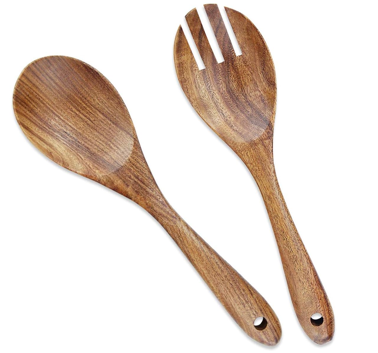 Wooden Salad Servers, 10.2" Acacia Wood Salad Fork & Spoon for Serving, Olive Wood Salad Serving Utensils Set of 2, Teak Salad Tongs for Kitchen